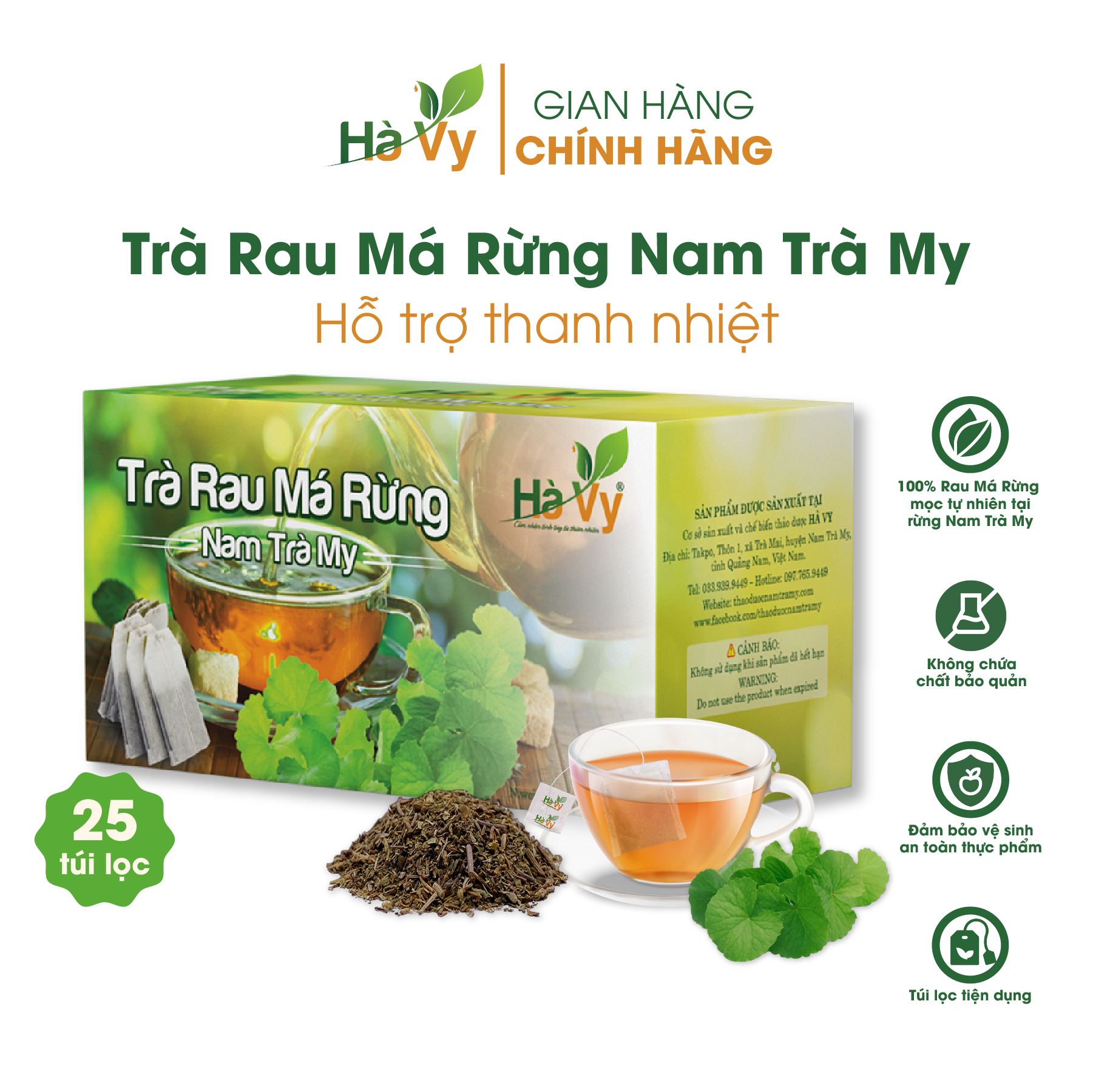 Trà Rau Má Rừng Nam Trà My Hà Vy hỗ trợ làm đẹp da, thanh nhiệt mát gan, giải độc hiệu quả hộp 25 túi lọc x 2g