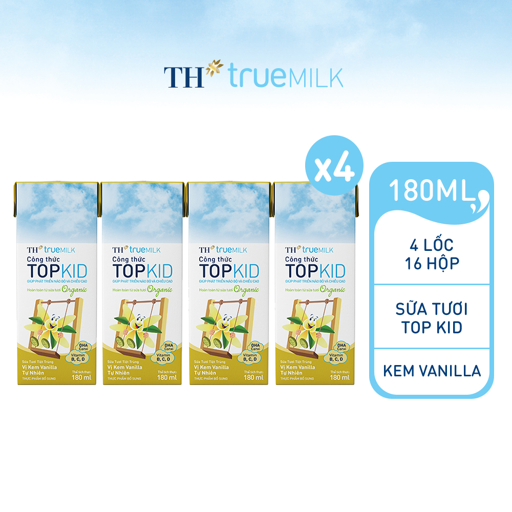 4 Lốc sữa tươi tiệt trùng TOPKID kem vanilla tự nhiên TH True Milk 180ml (180ml x 4 hộp)