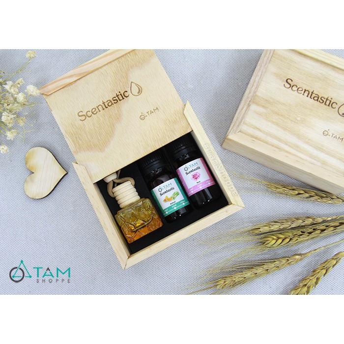 Set Hộp gỗ chai tinh dầu treo xe ô tô + 2 chai tinh dầu Scentastic 10ml TD-TX-01