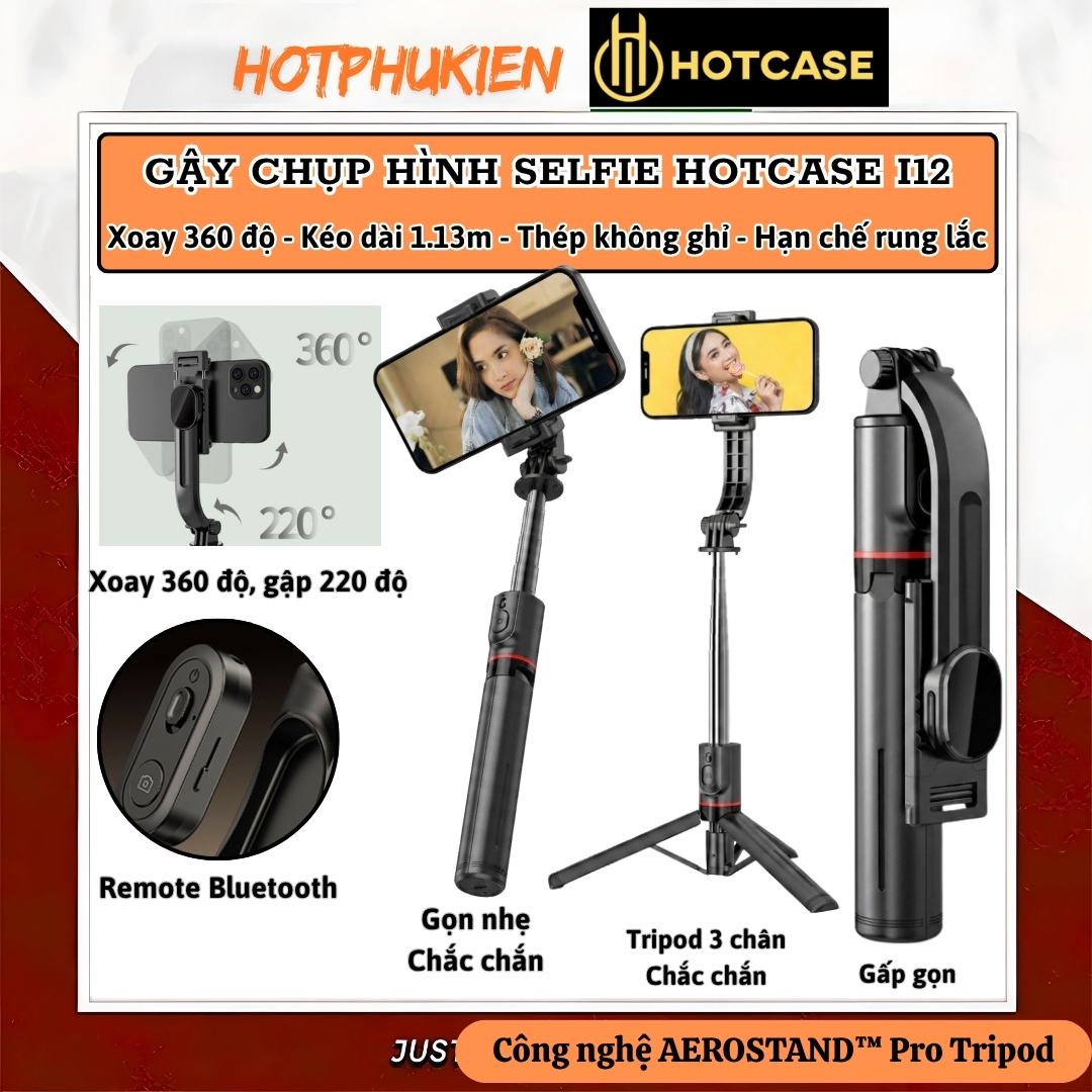 Gậy chụp hình selfie tripod 3 chân bluetooth không dây Xoay 360 độ HOTCASE I12 cho iPhone 17 16 15 14, samsung, oppo, vivo - Gập Gọn 3in1, Chống Rung Cực Đỉnh, Xoay 360°, Cao 1130mm - Hàng nhập khẩu