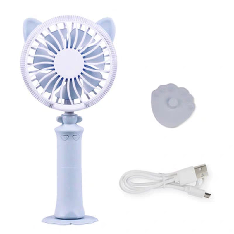 Quạt Cầm Tay Sạc Điện USB Dáng Con Mèo Có Đèn LED Đổi Màu Đặt Được Trên Bàn Bởi Đế Nhựa
