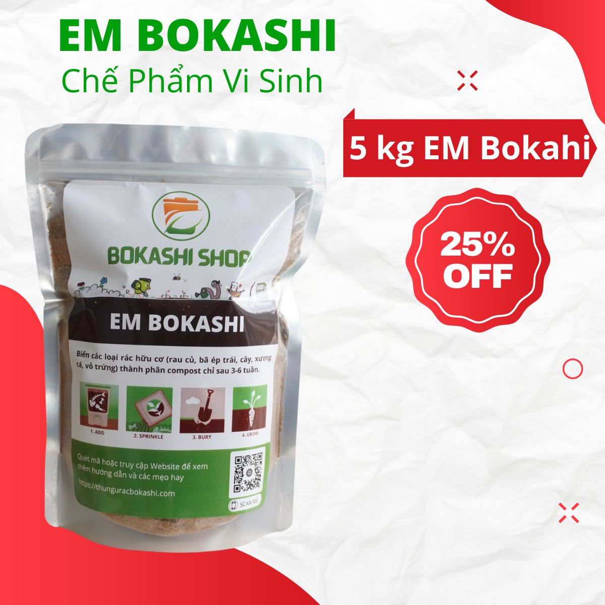 Combo 5kg Chế Phẩm Vi Sinh EM Bokashi - Thùng ủ rác hữu cơ Bokashi