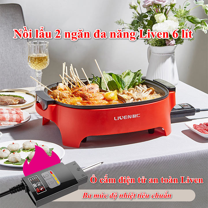 Nồi lẩu điện 2 ngăn đa năng Liven DHG-600BY dung tích 6 lít Hàng Chính Hãng