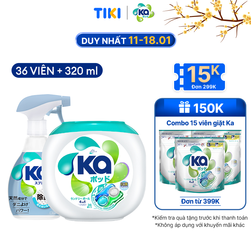 Combo Chăm sóc quần áo KA: 1 Hộp 36 viên giặt quần áo 4in1+ 1 Xịt thơm vải chống mạt bụi 320ml