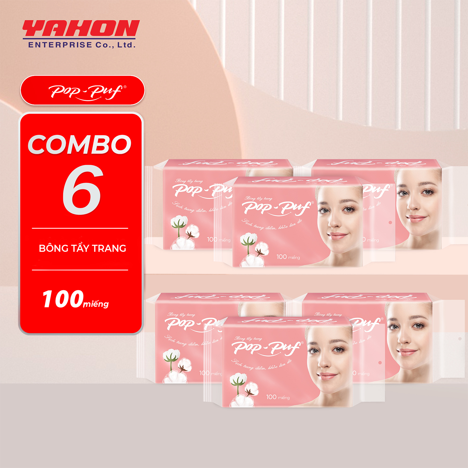 Combo 6 Bao Bông Tẩy Trang Ép Biên POP-PUF, 100 Miếng/Bao