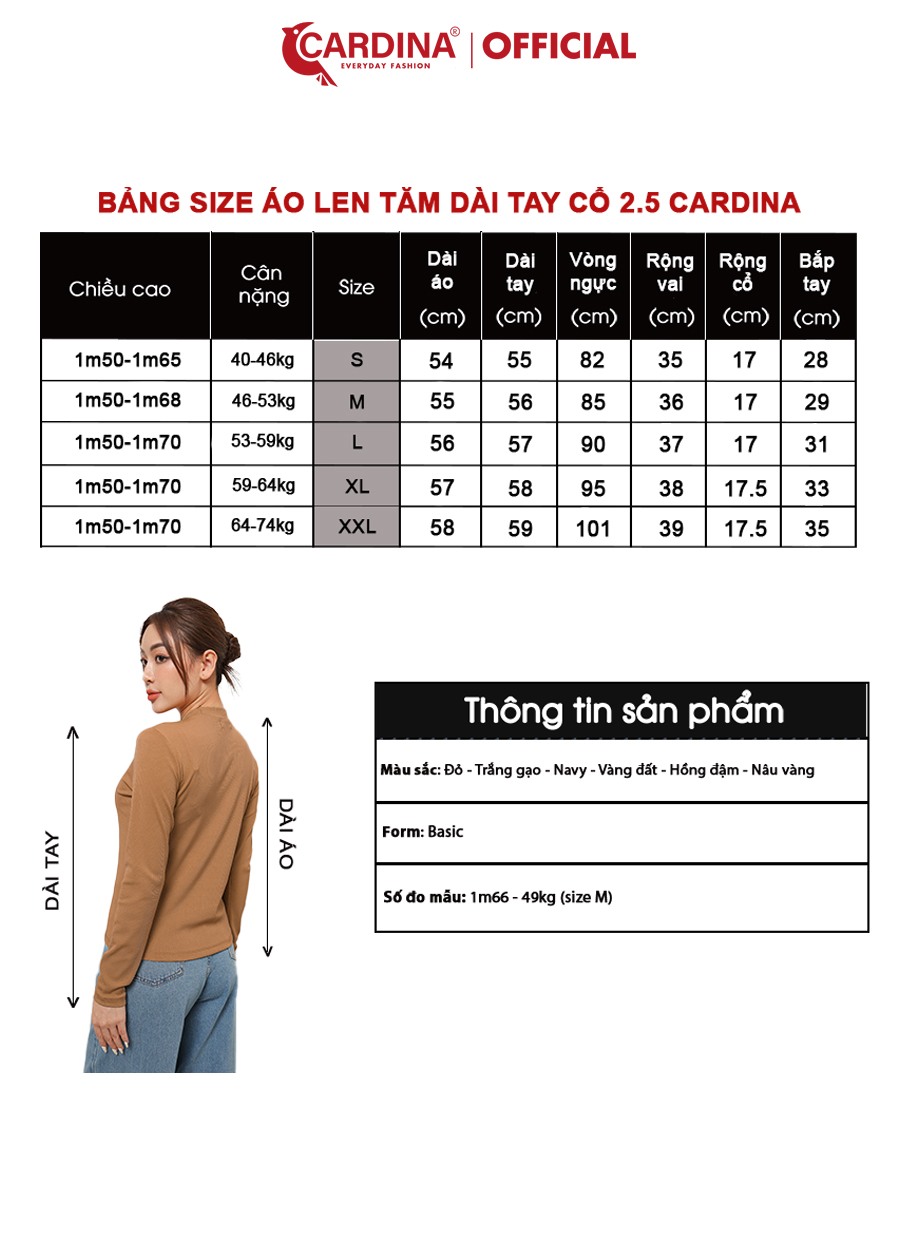 Áo Len Tăm Nữ CARDINA Chất Mềm Mịn Cổ 2.5 Phân Dài Tay Kiểu Dáng Bacis Tôn Vóc Dáng 2AF27 (Không Kèm Quần,Chân Váy)