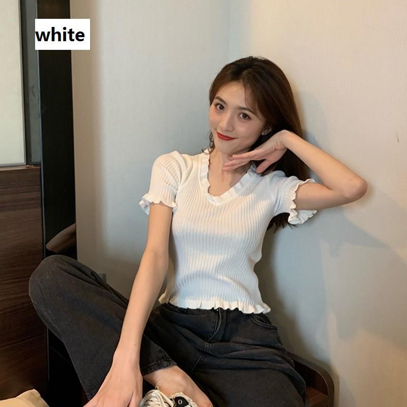 Áo Len Nữ Tay Ngắn Cổ Chữ V Thời Trang Quyến Rũ