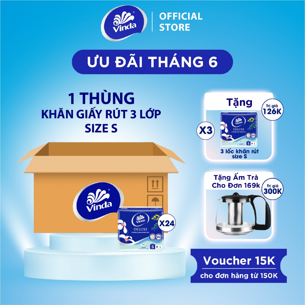 [MUA 1 THÙNG KHĂN RÚT SIZE S TẶNG 3 LỐC SIZE S] Khăn giấy rút cao cấp Vinda Deluxe 3 lớp 50 tờ size S (4 Gói)