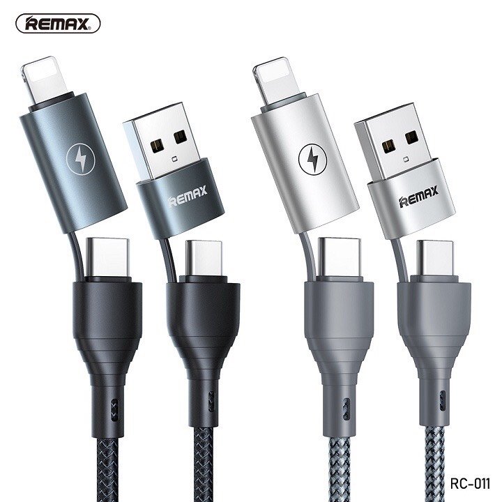 Cáp Sạc Nhanh Đa Năng 4 in 1 Remax RC-011 -  Đầu Sạc Type-C/Lightning/USB-A, Sạc Nhanh 2.4A, Cáp Dây Dù Siêu Bền 1.2m, Dử Dụng Được Cho Nhiều Thiết Bị - Hàng Chính Hãng