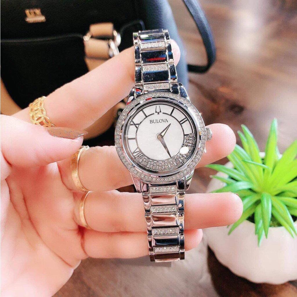 Đồng Hồ Nữ Bulova 96L257 nữ đá xoay vòng quanh dây trắng viền đá (Size 32.5mm)