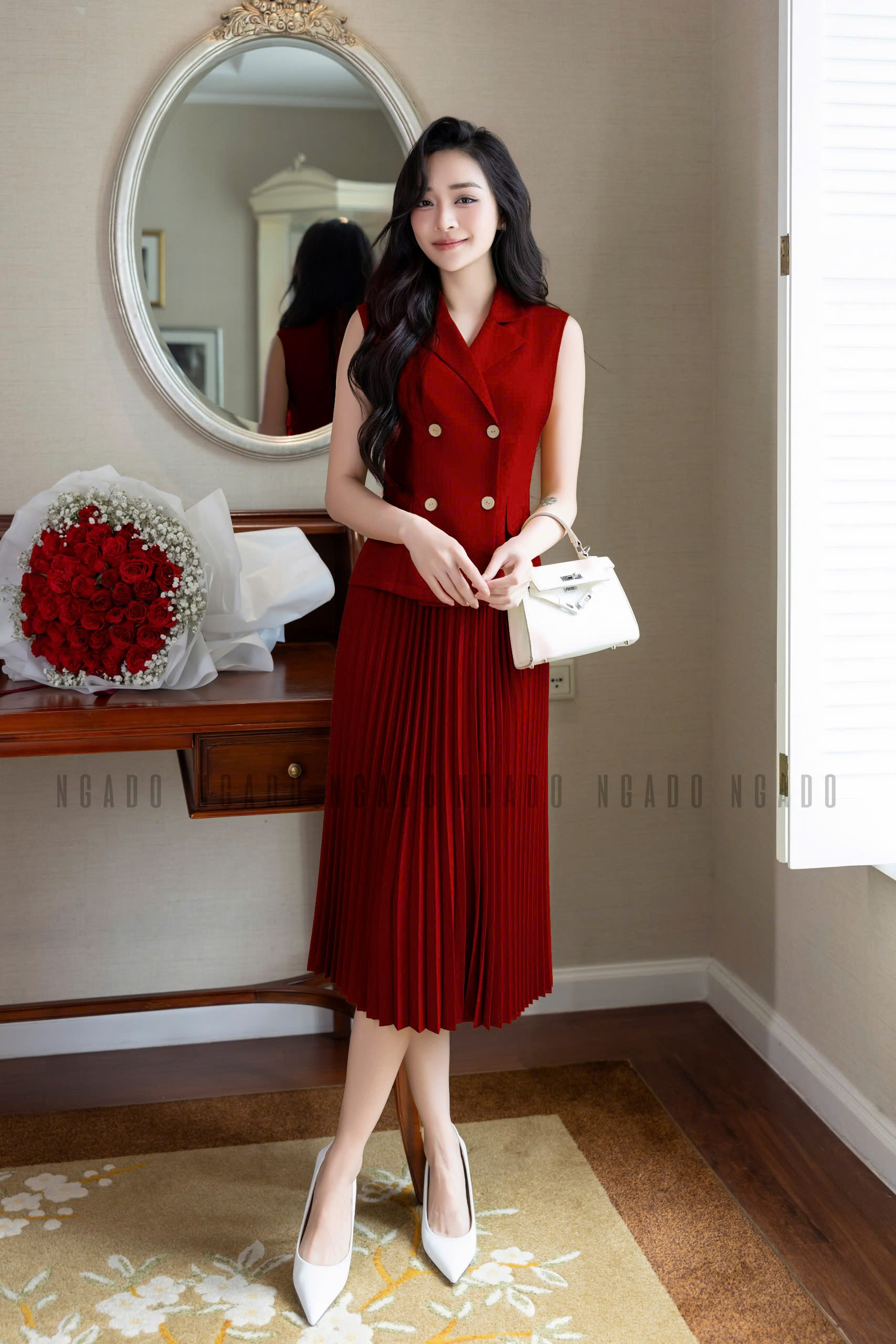 Set áo đỏ chân váy dập ly NGADO , set áo váy dài , set Nữ , set dự tiệc , công sở