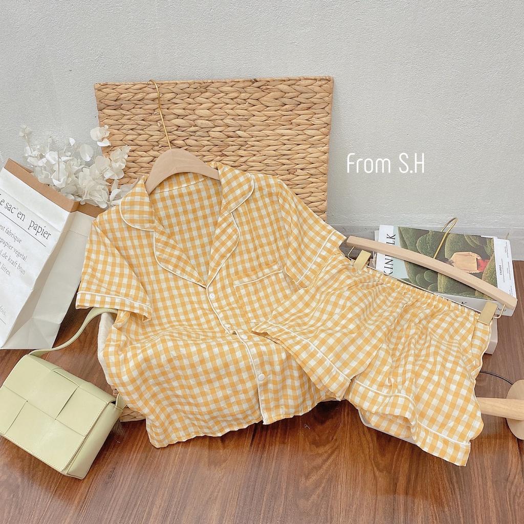 Bộ pijama caro đũi lạnh màu sắc tươi sáng muslin Hàn Quốc