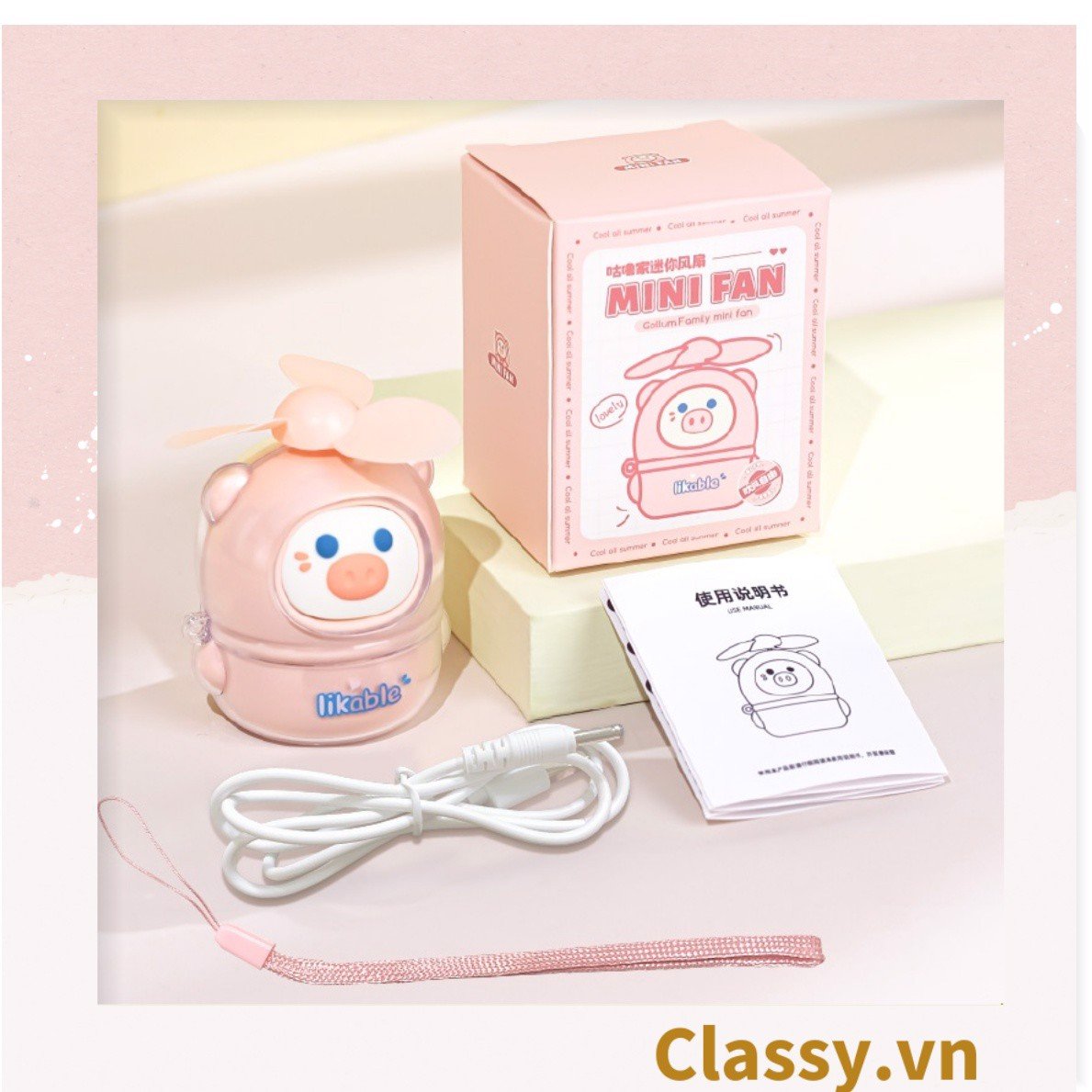 Quạt cầm tay mini có đế để bàn 3 tốc độ gió hình tai thỏ dễ thương PK1930