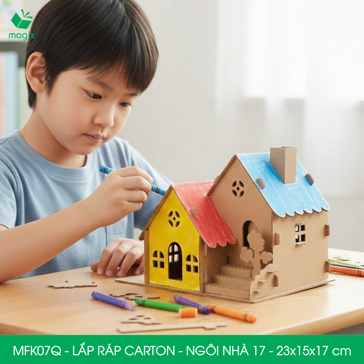 MFK07Q - 23x15x17 cm - Mô hình ngôi nhà lắp ráp từ bìa carton cao cấp, nhà giấy carton mini sáng tạo