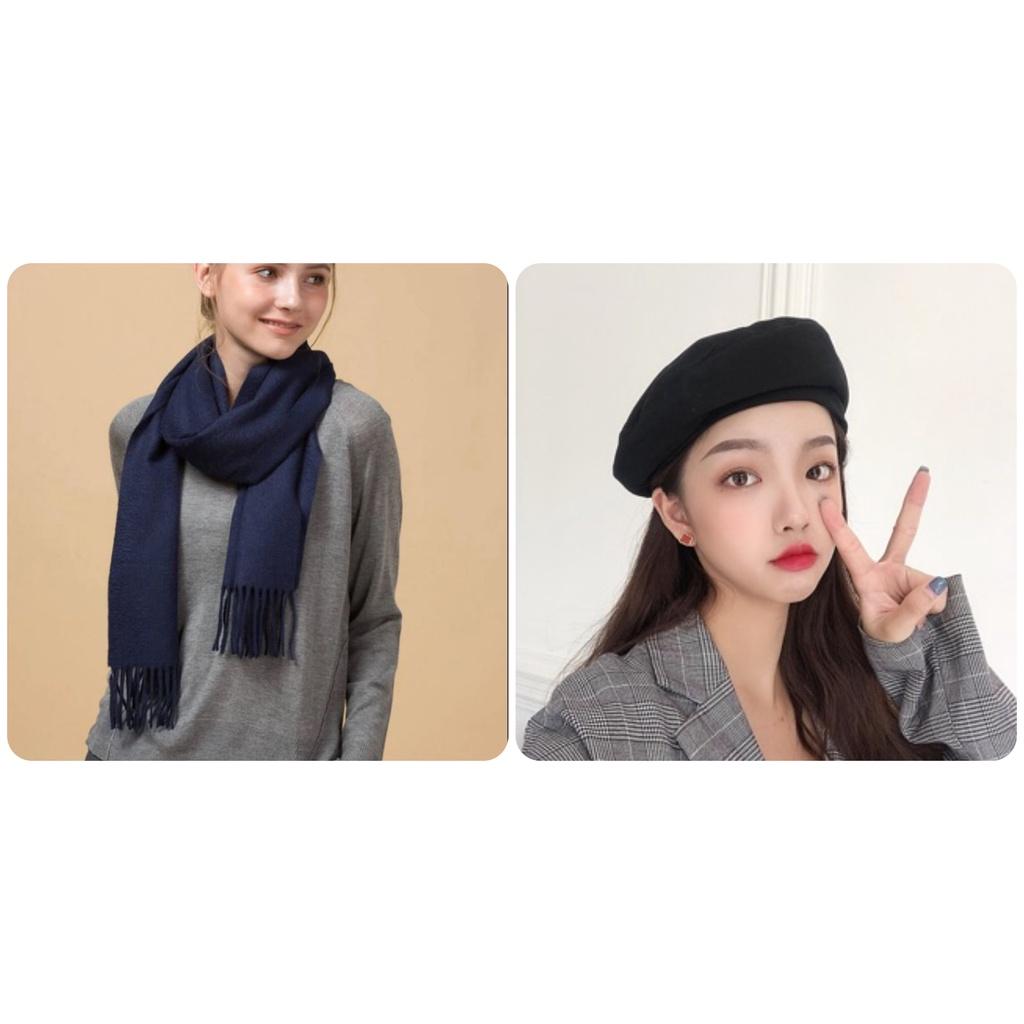 Bộ 1 mũ nồi beret đen và 1 khăn quàng cổ xanh than nam nữ