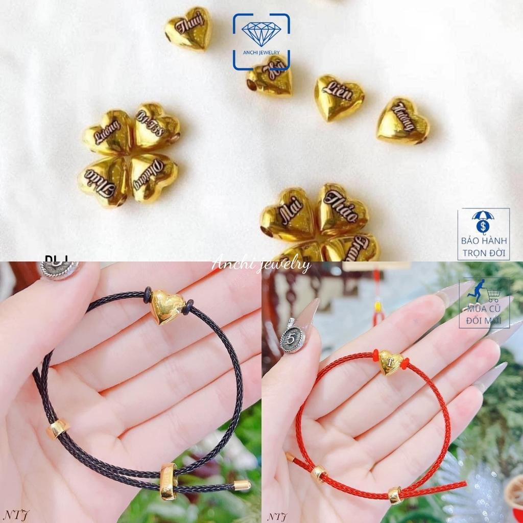 Vòng tay charm vàng dây cước 2mm đỏ( đen) mặt tim 10k khắc tên theo yêu cầu, Anchi jewelry