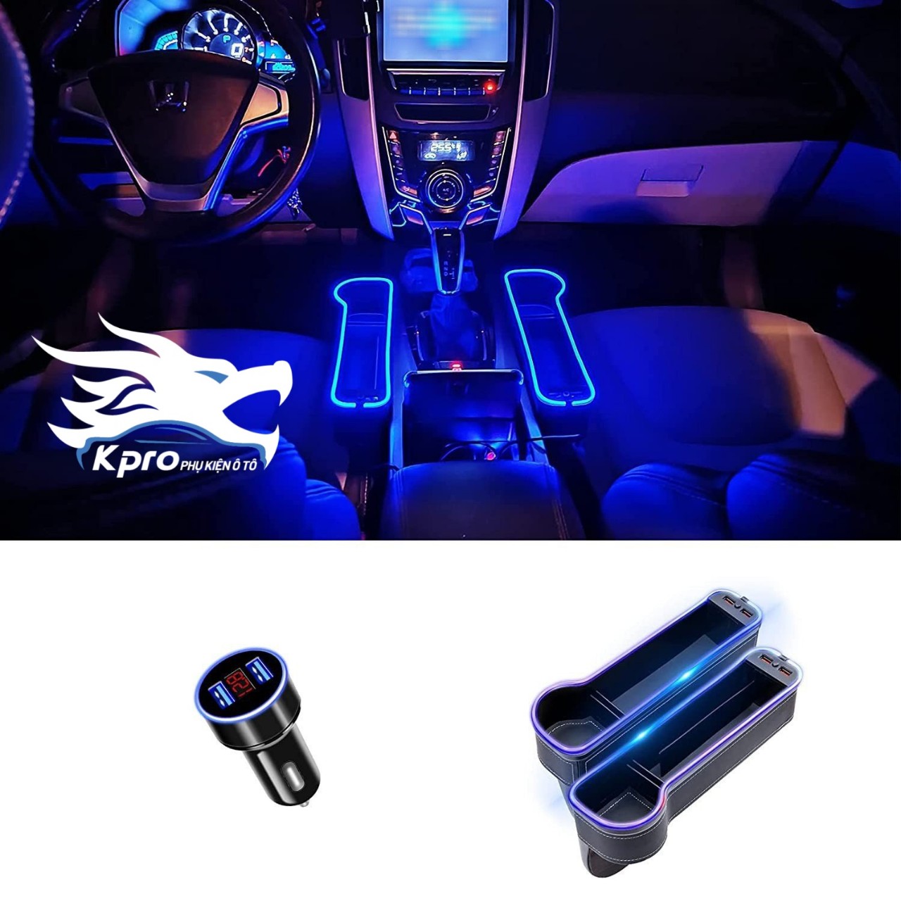 Khay đựng đồ khe ghế ô tô có đèn led + 2 cổng USB - Hàng Kpro chất lượng cao