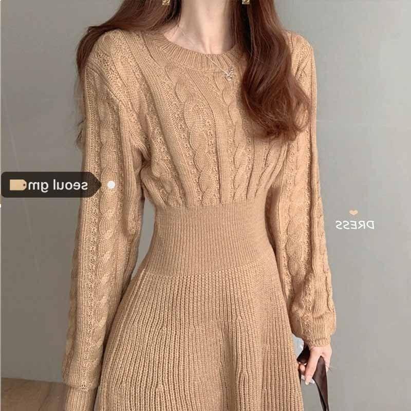 Đầm Sweater Dệt Kim Tay Dài Cổ Tròn Màu Trơn Phong Cách Thời Trang Thu Đông Kiểu Mới