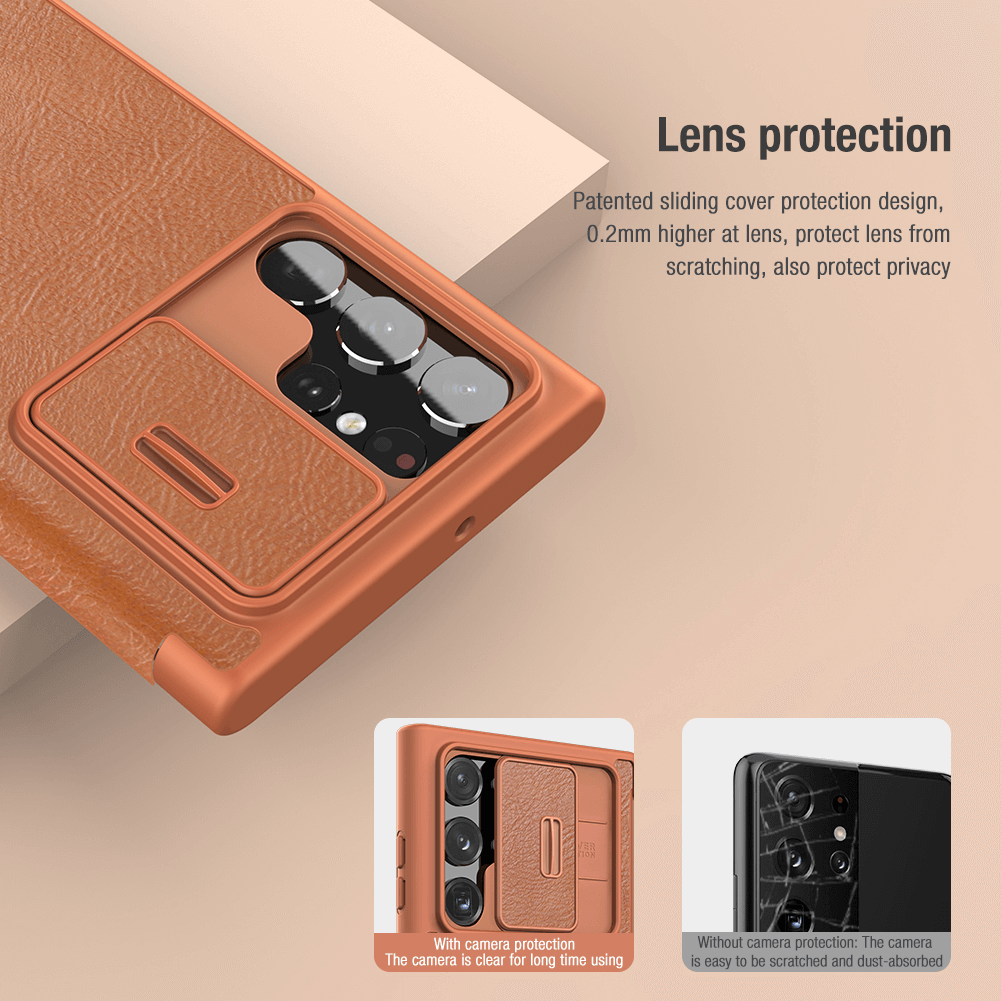 Case bao da chống sốc cho Samsung Galaxy S22 Ultra hiệu Nillkin Qin Pro trang bị nắp bảo vệ Camera - hàng nhập khẩu