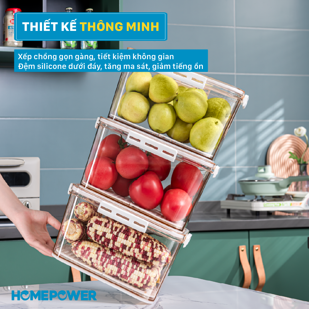 Hộp nhựa đựng thực phẩm Homepower trong suốt có khay lót đáy giúp ráo nước, chất liệu cao cấp, an toàn cho sức khỏe