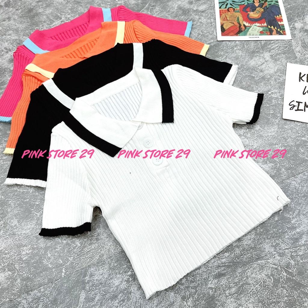 Áo Croptop Ôm Body Tay Ngắn PINKSTORE29, Dáng Polo Cổ Bẻ Len Gân A5412