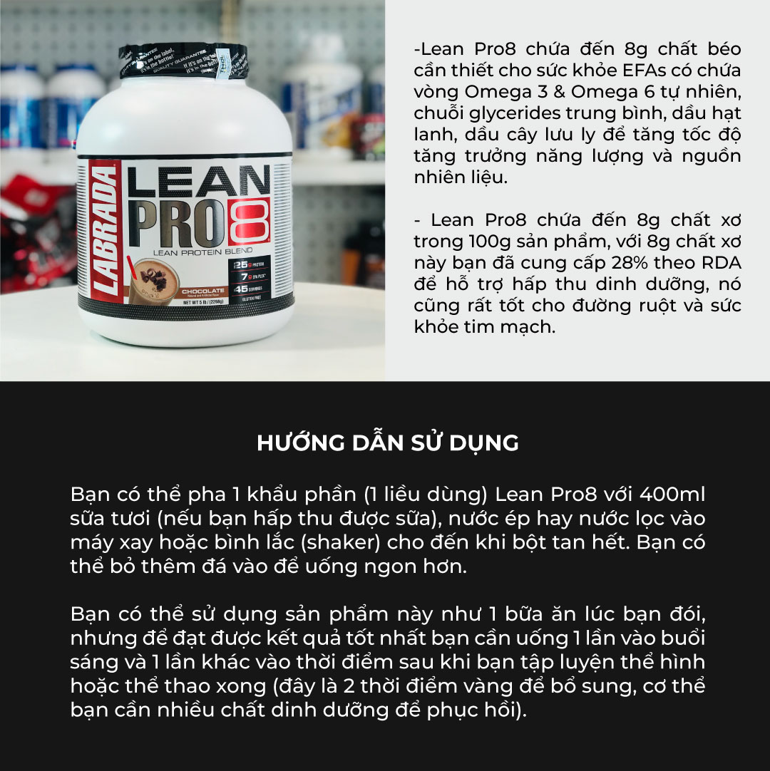 Labrada Lean Pro 8 (45 lần dùng), Bổ Sung 25g Đạm từ 8 Loại Đạm Cao Cấp, Nuôi Cơ 8 Tiếng, 8g EFAs Flex, 8g BCAA &amp; Glutamine, 4g Chất Xơ