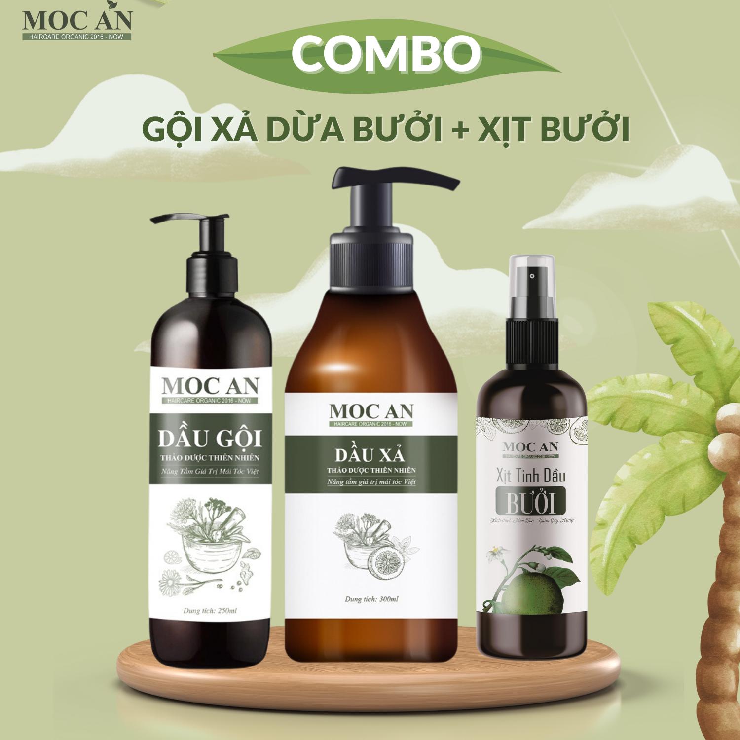 CB05 BỘ 3 Combo Dầu Gội Thảo Dược 250ML Dầu Xả Dừa Bưởi Non 300ML Tinh Dầu Bưởi Xịt Tóc Tiêu Chuẩn 120ML Mộc Ân Haircare