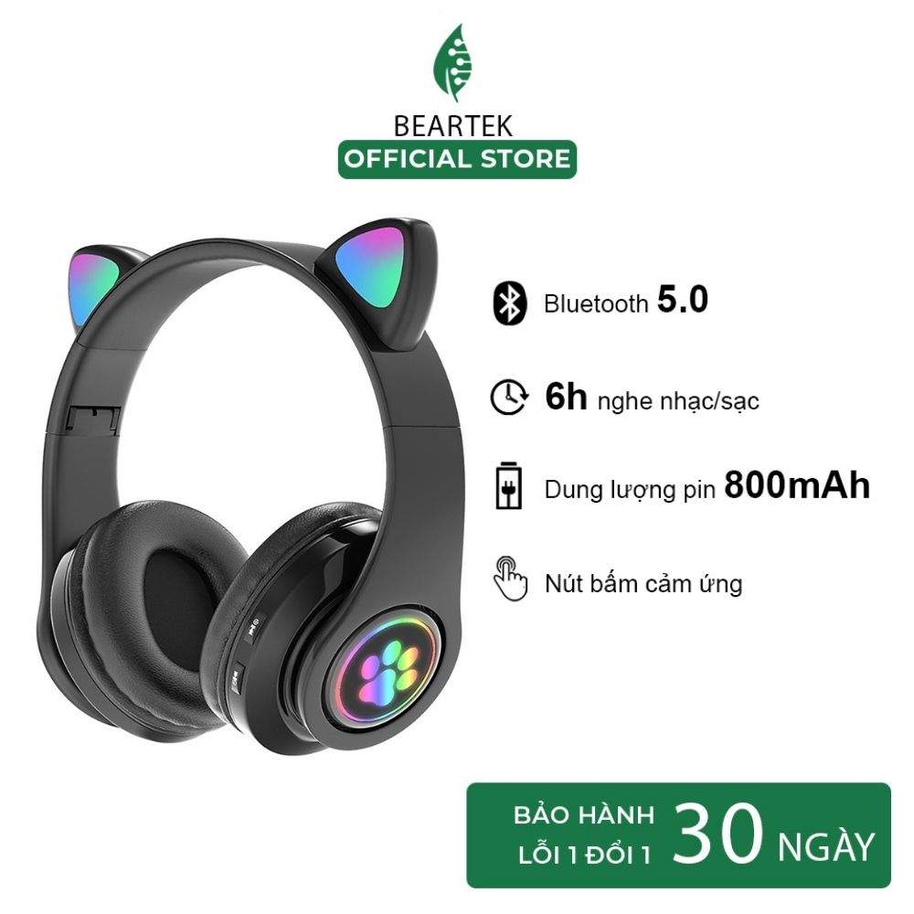 Tai Nghe Mèo Bluetooth BEARTEK Chụp Tai HP000028 Headphone Tai Mèo Dễ Thương Có Mic Âm Bass Mạnh Mẽ Bảo – Hàng Chính Hãng