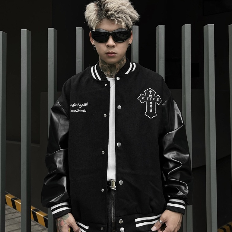 Áo khoác Bomber tay da , varsity jacket nam nữ chất dạ 2 lớp , áo khoác bóng chày local brand unisex