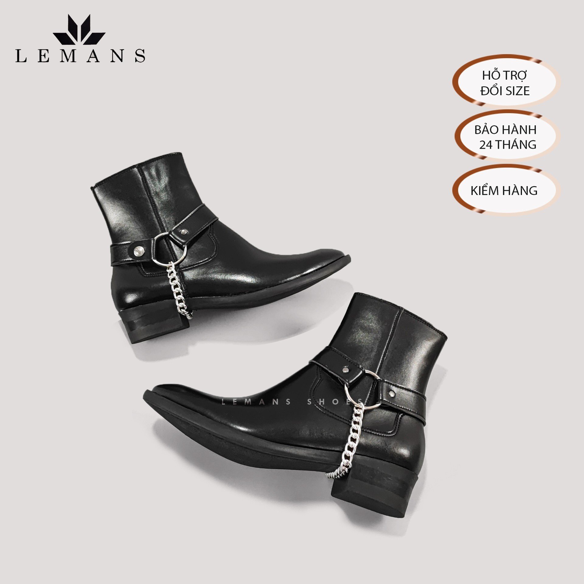 Giày da bò Zip Boots Black LeMans ZB01B, phối đai xích tạo thành 3 đôi Harness, bảo hành 24 tháng