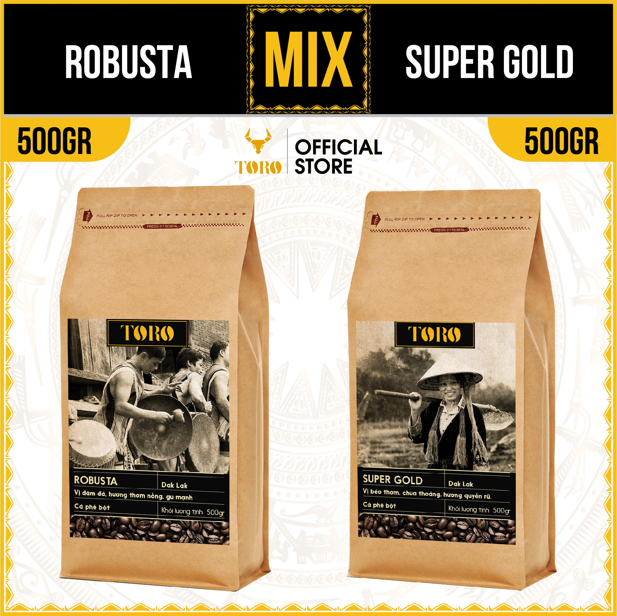 [1KG] Bộ Mix Cà Phê Bột Toro Robusta &amp; Toro Super Gold Nguyên Chất 100% | 500GR/Gói | TORO FARM