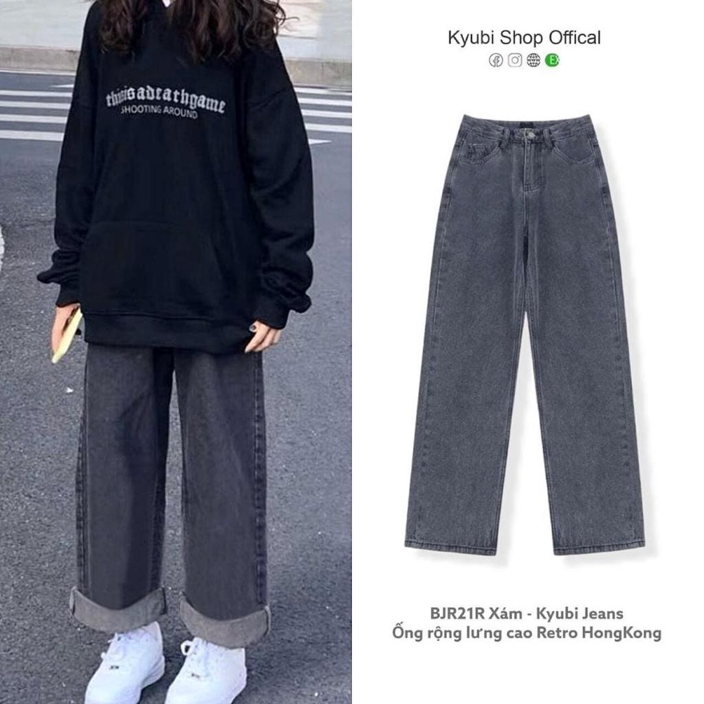 Quần jean nữ ống rộng đen xám phong cách Ulzzang School (Có Bigsize) - Quần jeans baggy suông Kyubi JC25