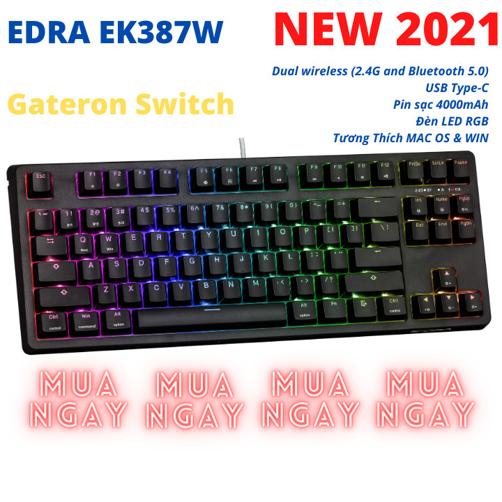 Bàn Phím Cơ EDRA EK387W GATERON Switch Chính Hãng - Bluetooth 5.0 LED RGB Type C - Hàng Chính Hãng