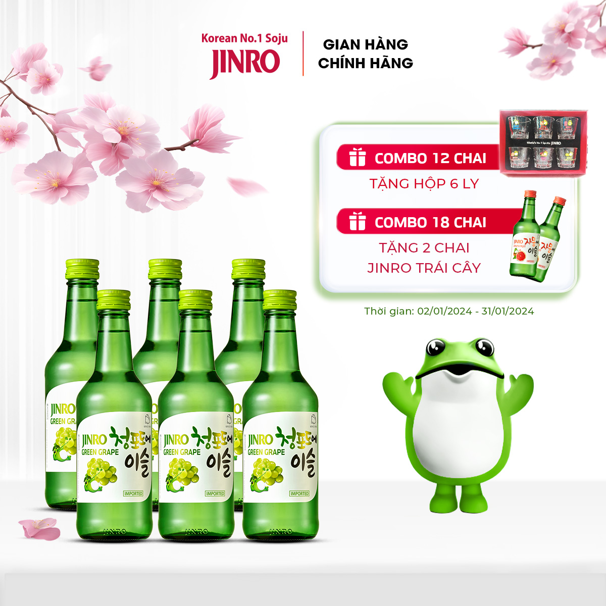 Soju Hàn Quốc JINRO VỊ NHO 360ml - Combo 6 chai