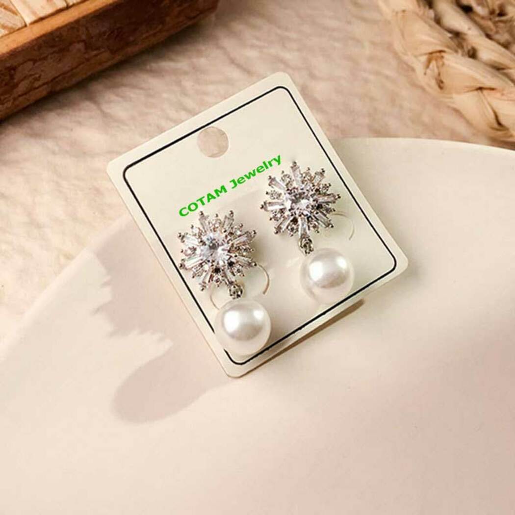 Bông Tai Pha Lê Ngọc Trai San Hô - Hoa Tuyết Trắng - Trang Sức Cô Tấm - SNOWFLAKE PEARL D - CTJ2501D