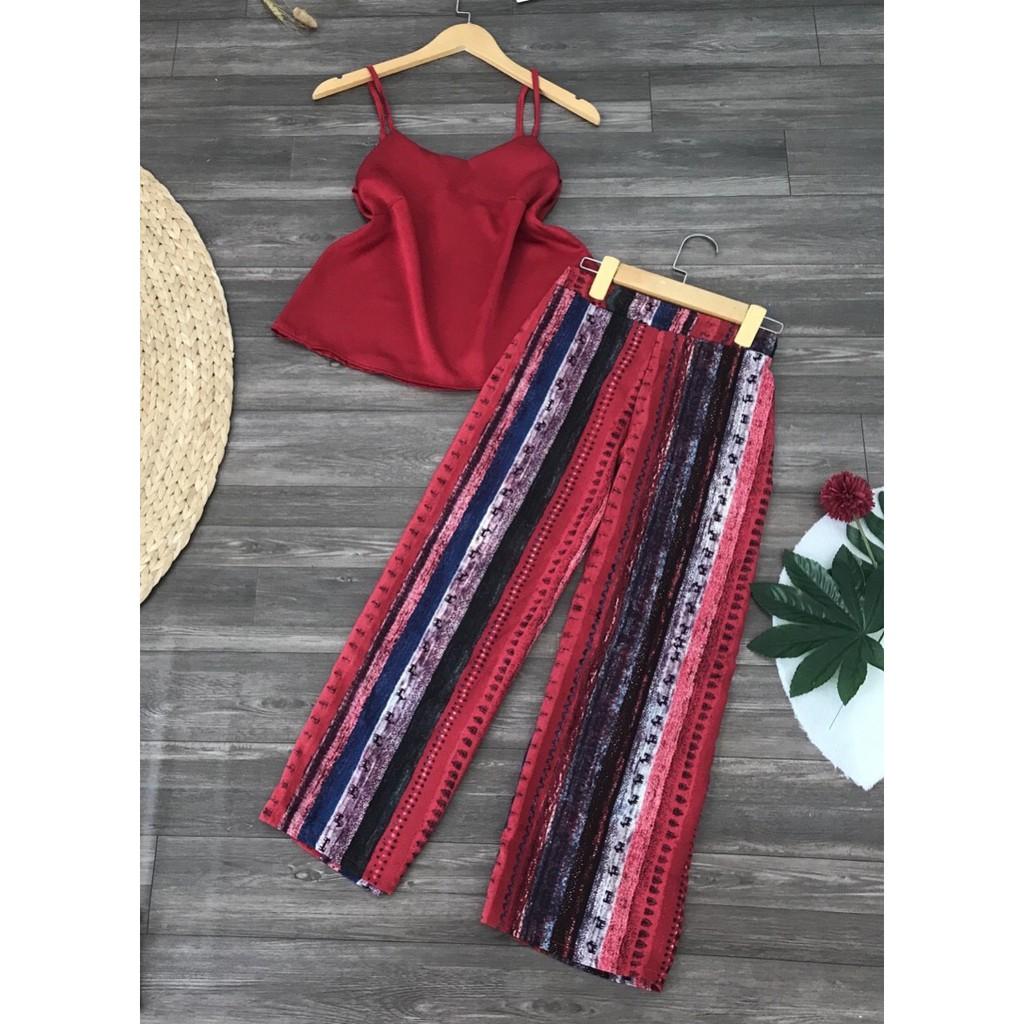 SÉT Hai Dây Áo Satin Phối Quần Ống Rộng Vải Lụa Họa Tiết Thổ Cẩm Đi Chơi Đi Biển