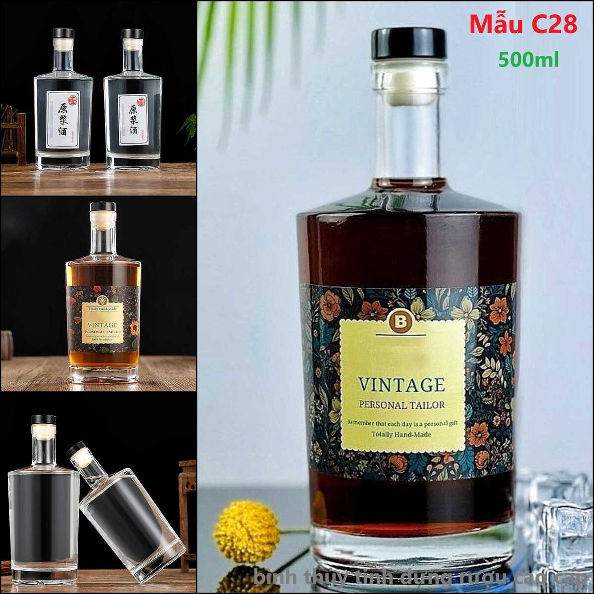 Chai Thủy Tinh 500ML mẫu vốt ka trụ tròn vai xòe nắp cao su kèm màng co – Chai Đựng Rượu Cao Cấp – Vỏ Chai Rượu Đẹp siêu trong (C28)