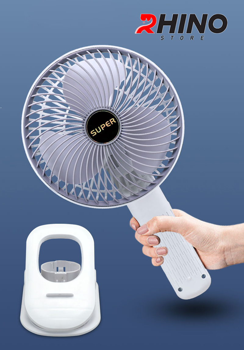 Quạt cầm tay mini siêu mát Rhino F402 tích điện với 3 mức độ gió, kèm đế, lượng pin cao - Hàng chính hãng