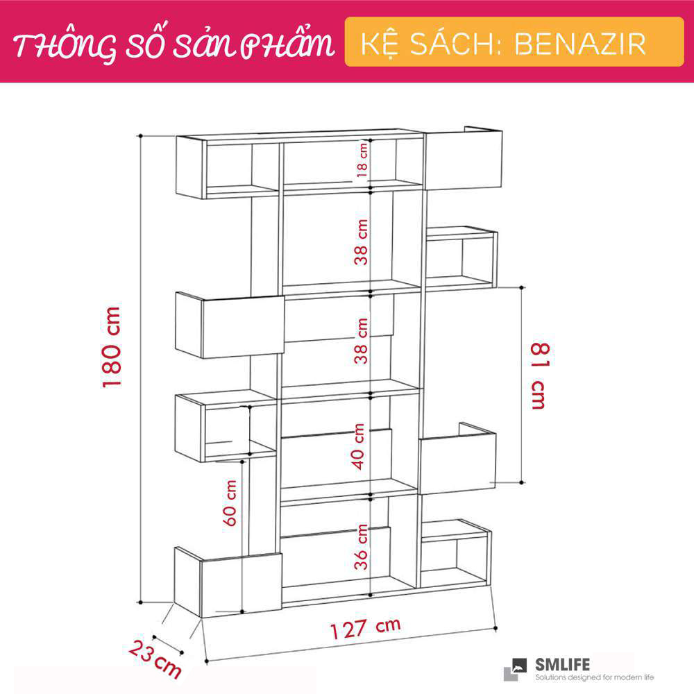 Kệ sách gỗ hiện đại SMLIFE Benazir  | Gỗ MDF dày 17mm chống ẩm | D127xR23xC180cm - Màu