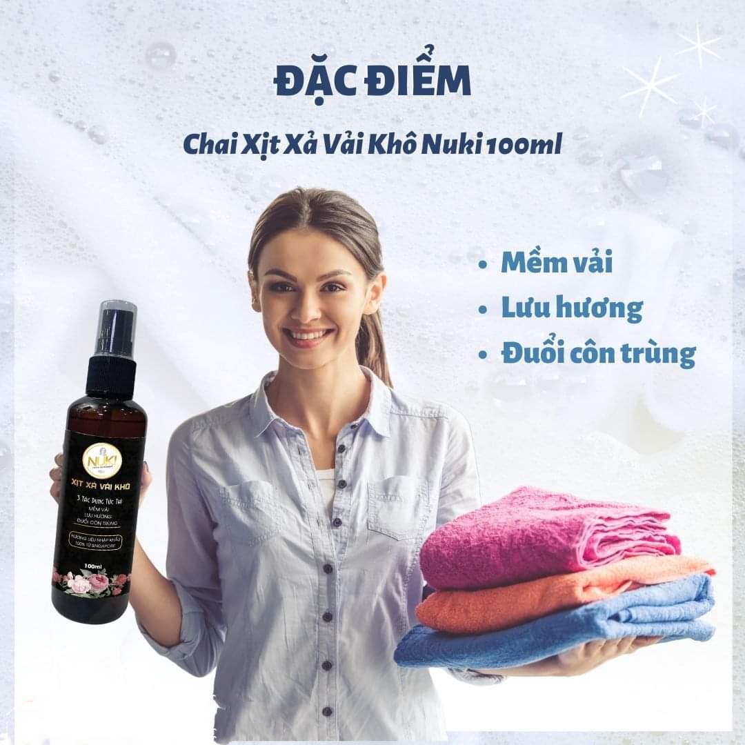 Chai Xịt Xả Vải Khô Nuki 100ml Hương Nước Hoa Lưu Hương Mềm Vải,Tinh Dầu Thơm Quần Áo