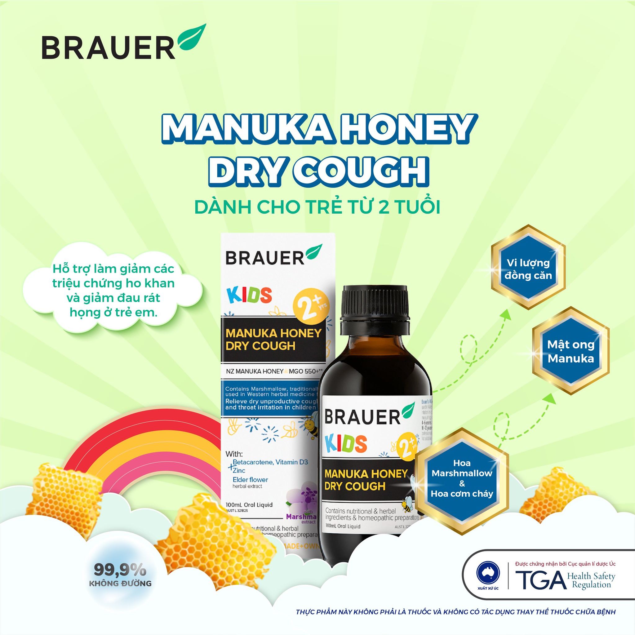 Siro hỗ trợ giảm ho cho trẻ từ 2 tuổi Brauer Manuka Honey Úc giảm ho, ngứa và rát cổ họng, làm mát và dịu cổ họng, tăng sức đề kháng - OZ Slim Store