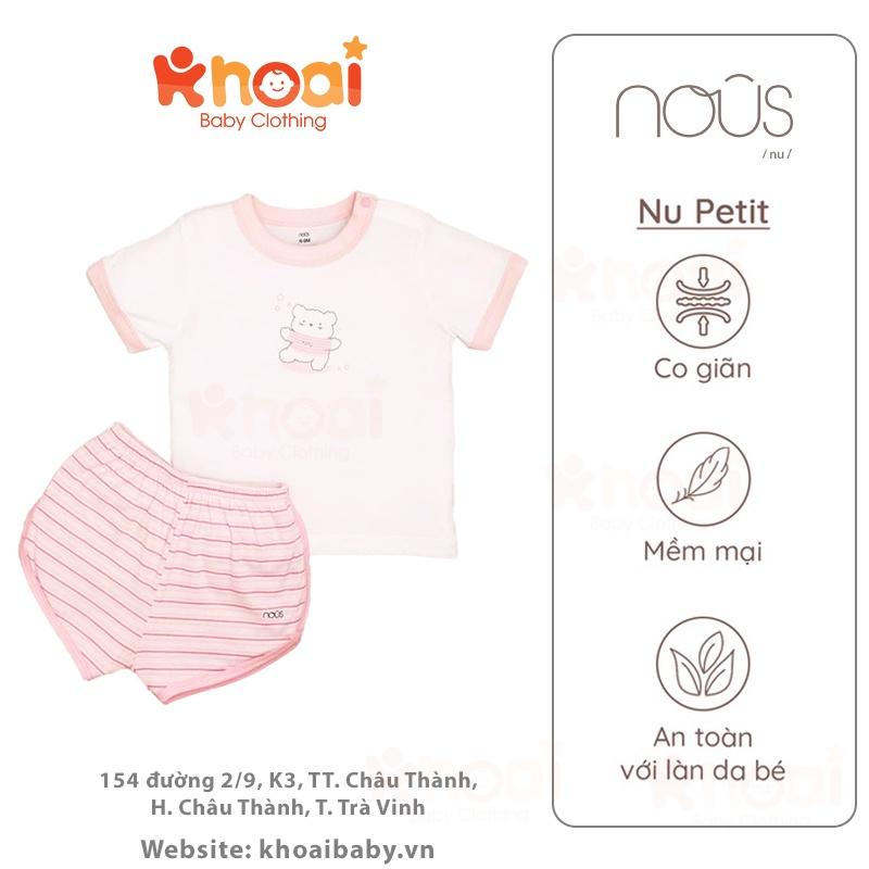 Bộ cài vai cộc Nous kẻ hồng trắng hình gấu - Chất liệu Nu Petit 95% cotton thiên nhiên
