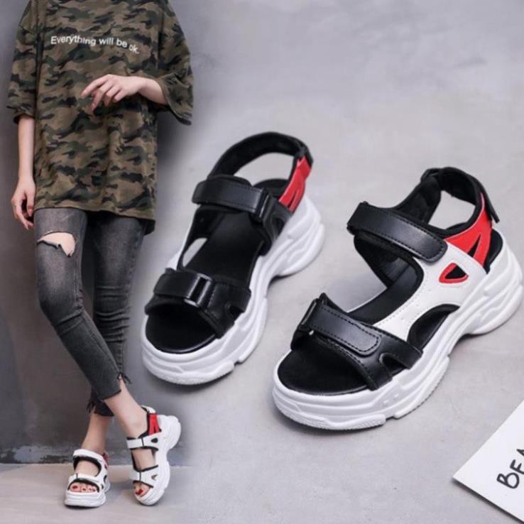 Sandal Nữ, Giày Sandal Học Sinh Cao 5Cm Màu Đen Phối Màu Chất Da Mềm Đế Nhẹ Dễ Đi Hàng Quảng Châu Fullbox Tạo S