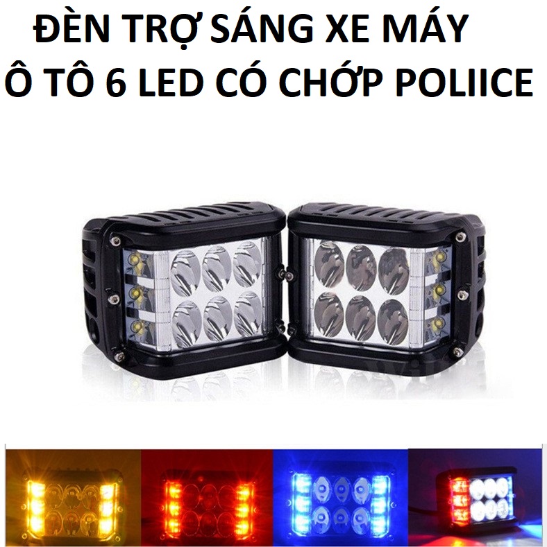 Đèn trợ sáng xe máy ô tô 2in1 X6 Pro 6 led 45W chớp nháy xanh đỏ mẫu mới hàng vip, phụ kiện đồ chơi xe máy