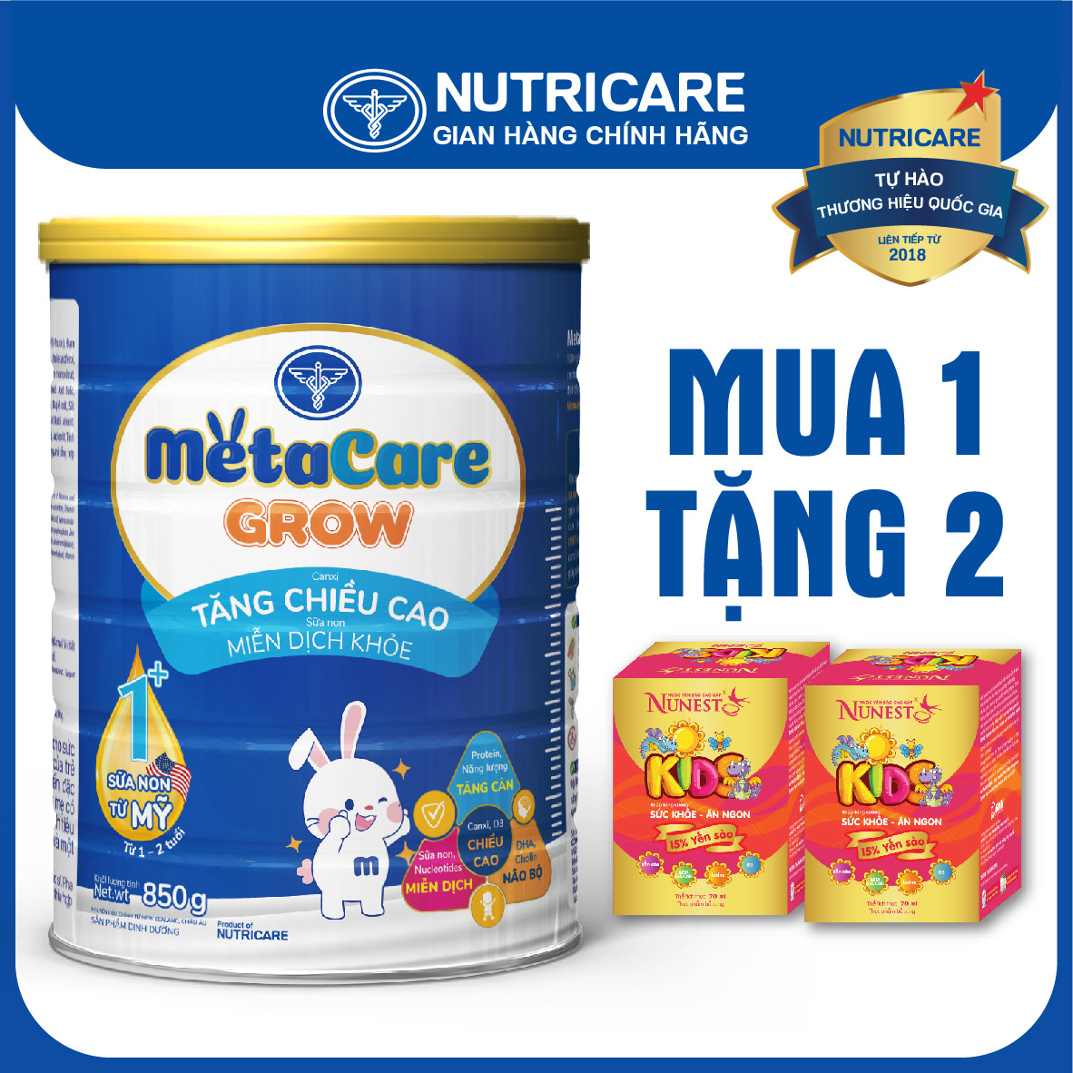 [Tặng 2 lọ yến] Sữa bột Nutricare MetaCare GROW 1+ tăng chiều cao và miễn dịch 850g