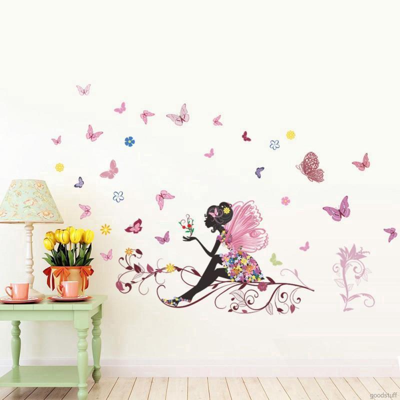 Hàng có sẵn Giấy dán tường hình cô tiên bướm và hoa dễ thương