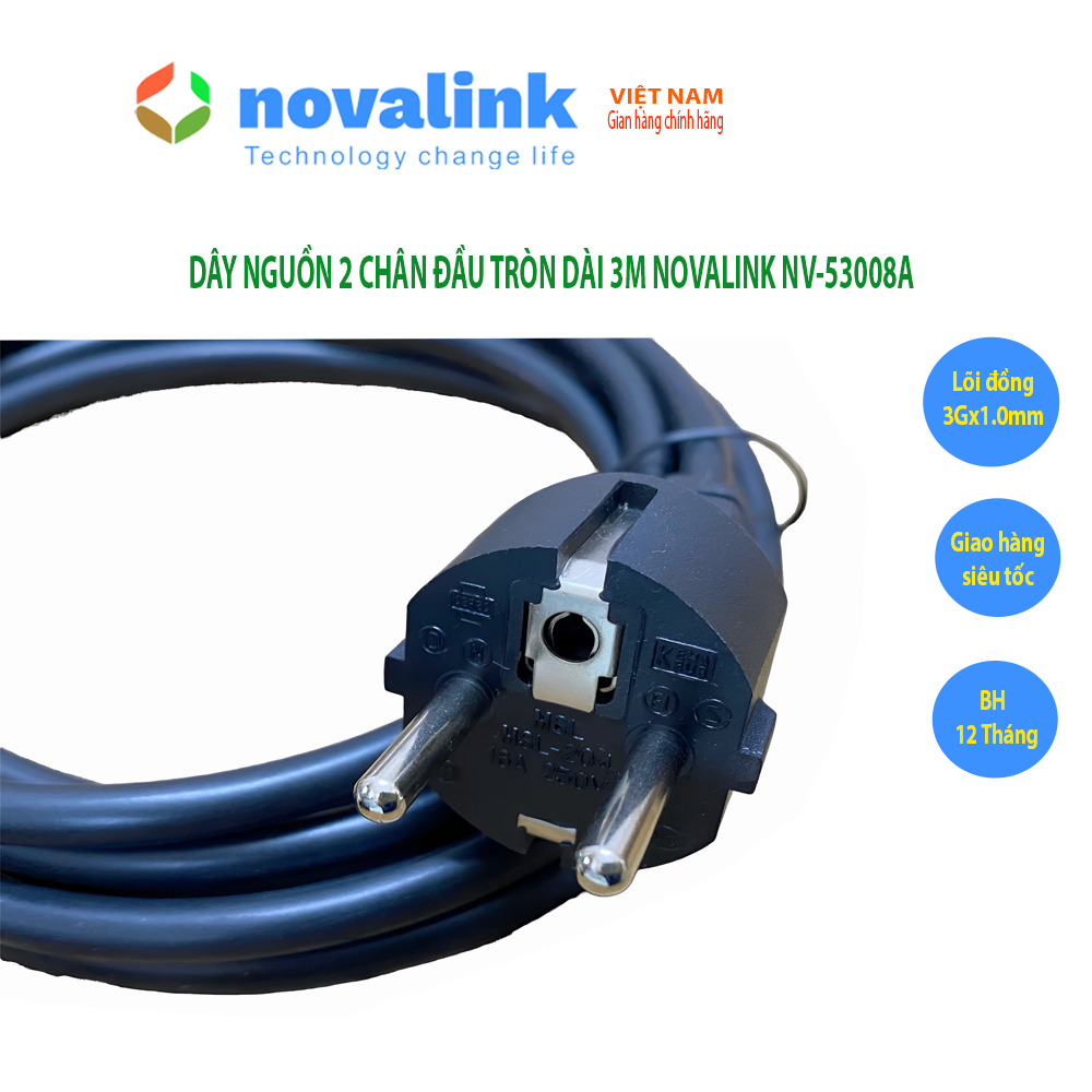 Dây nguồn 2 chân đầu tròn dài 3M Novalink NV-53008A dùng cho PC, UPS, màn hình.. tiết diện lõi đồng 3 x 1.0mm, tiêu chuẩn UL. Hàng chính hãng