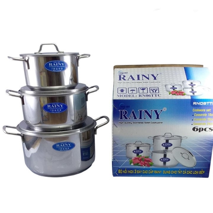 Bộ 3 nồi inox 3 đáy từ Rainy nắp inox cao cấp - Hàng Chính Hãng