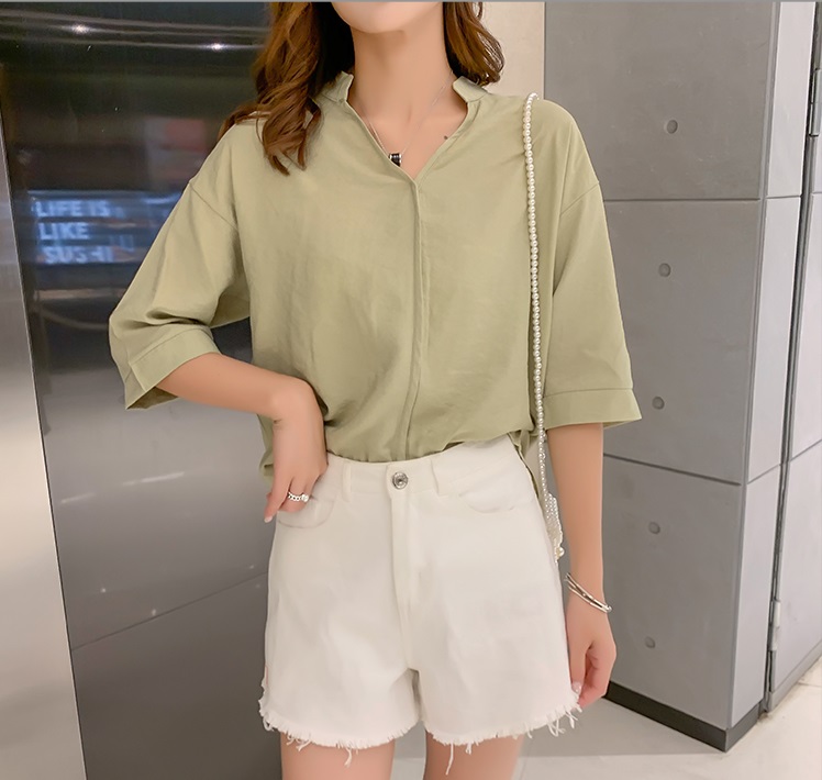 Áo sơ mi nữ công sở tay lỡ trơn cổ V, thời trang phong cách Hàn Quốc CS116