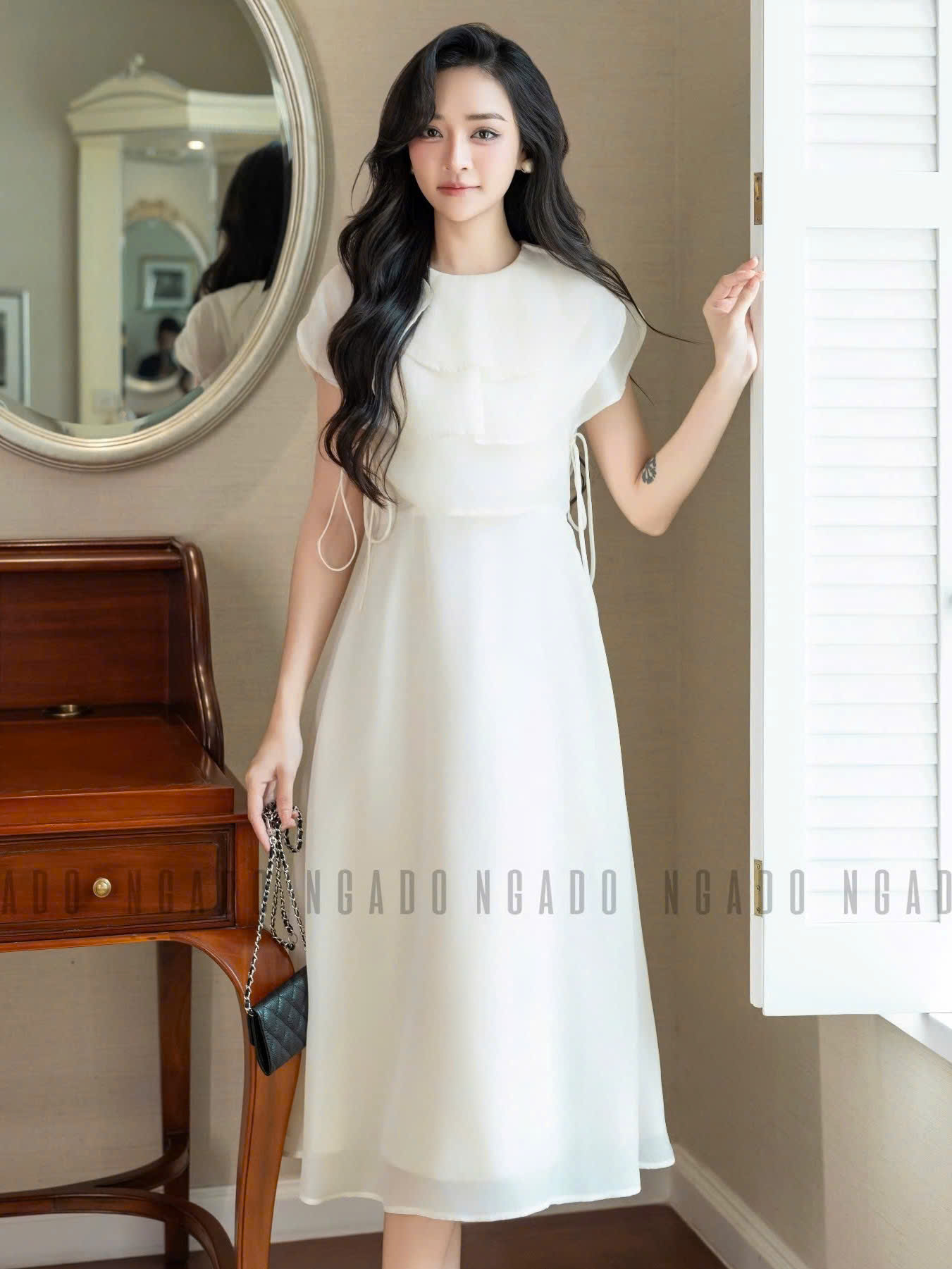 Đầm kem cổ xếp tầng NGADO , đầm xòe